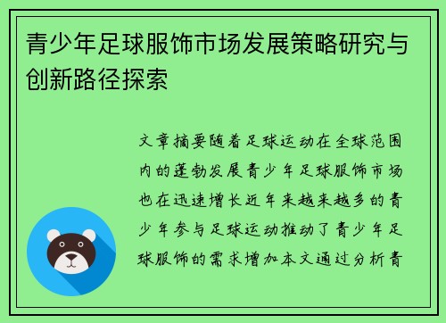 青少年足球服饰市场发展策略研究与创新路径探索