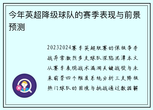 今年英超降级球队的赛季表现与前景预测
