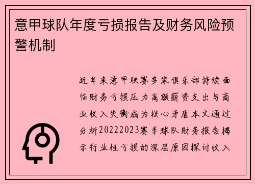 意甲球队年度亏损报告及财务风险预警机制
