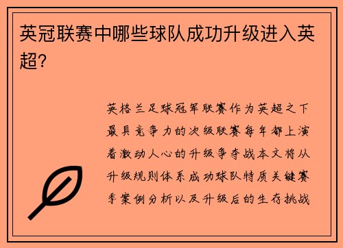英冠联赛中哪些球队成功升级进入英超？