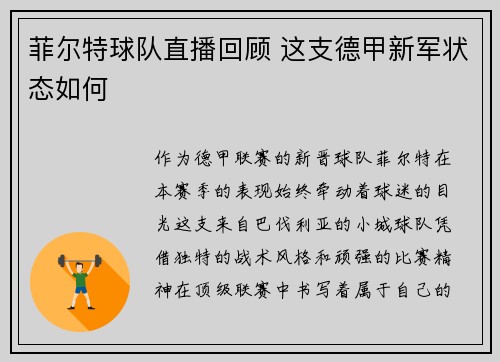 菲尔特球队直播回顾 这支德甲新军状态如何